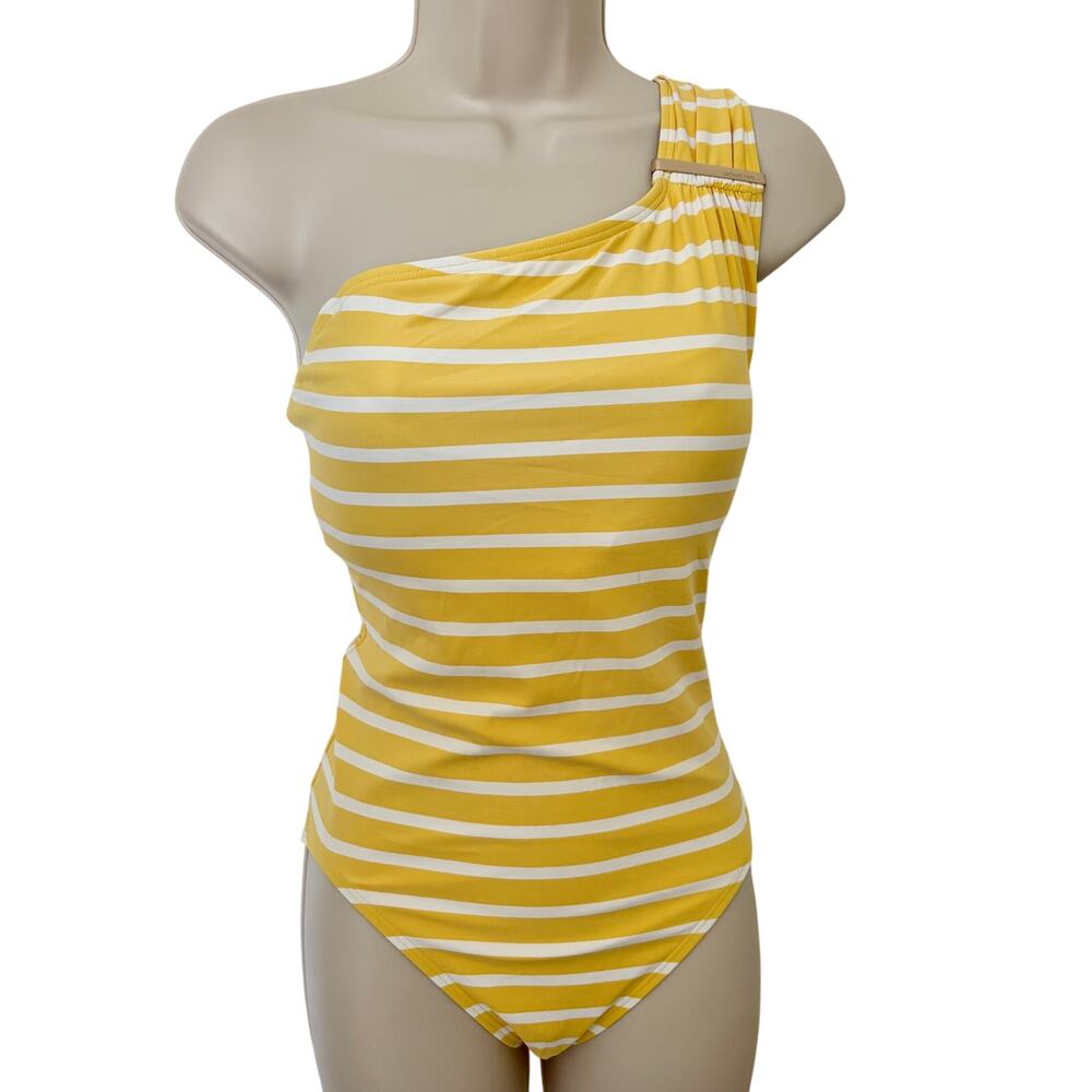 Michael Kors One Shoulder Yellow Striped Swimsuit One Piece Shelf Bra Preppy